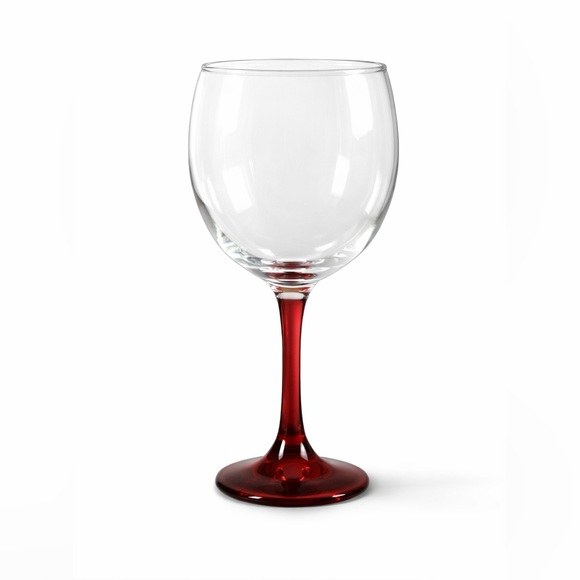 Unmarked Other - Hand Blown Wine Glass Ruby Red Stem Clear Bowl 8.25” Vintage Goblet